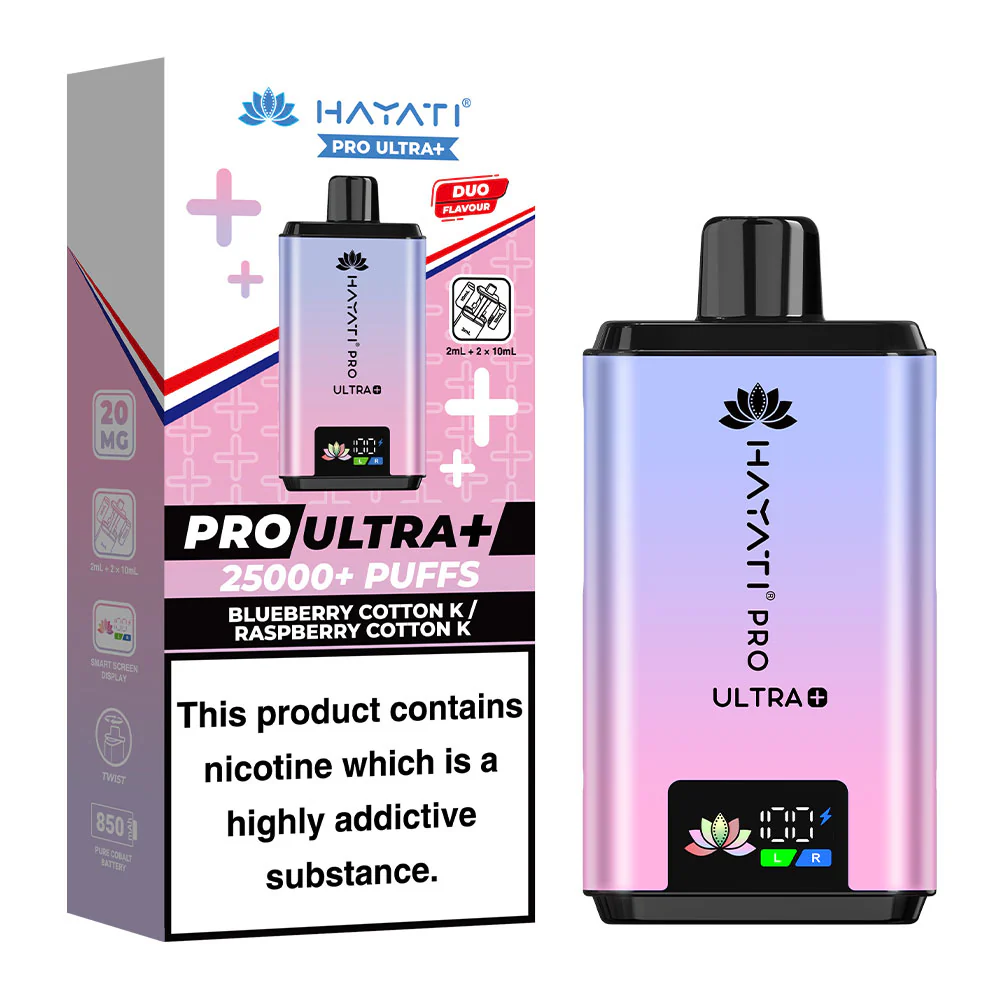 Hayati Pro Ultra+ 25000 Puffs Blueberry Cotton K & Raspberry Cotton K Prefilled Pod Kit